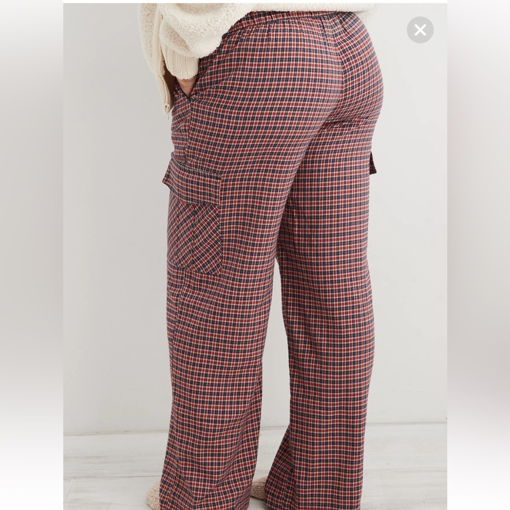 NEW Aerie XXL Flannel Cargo Skater Pajama Pants Red Blue Tan Plaid Pockets Soft - Picture 10 of 16